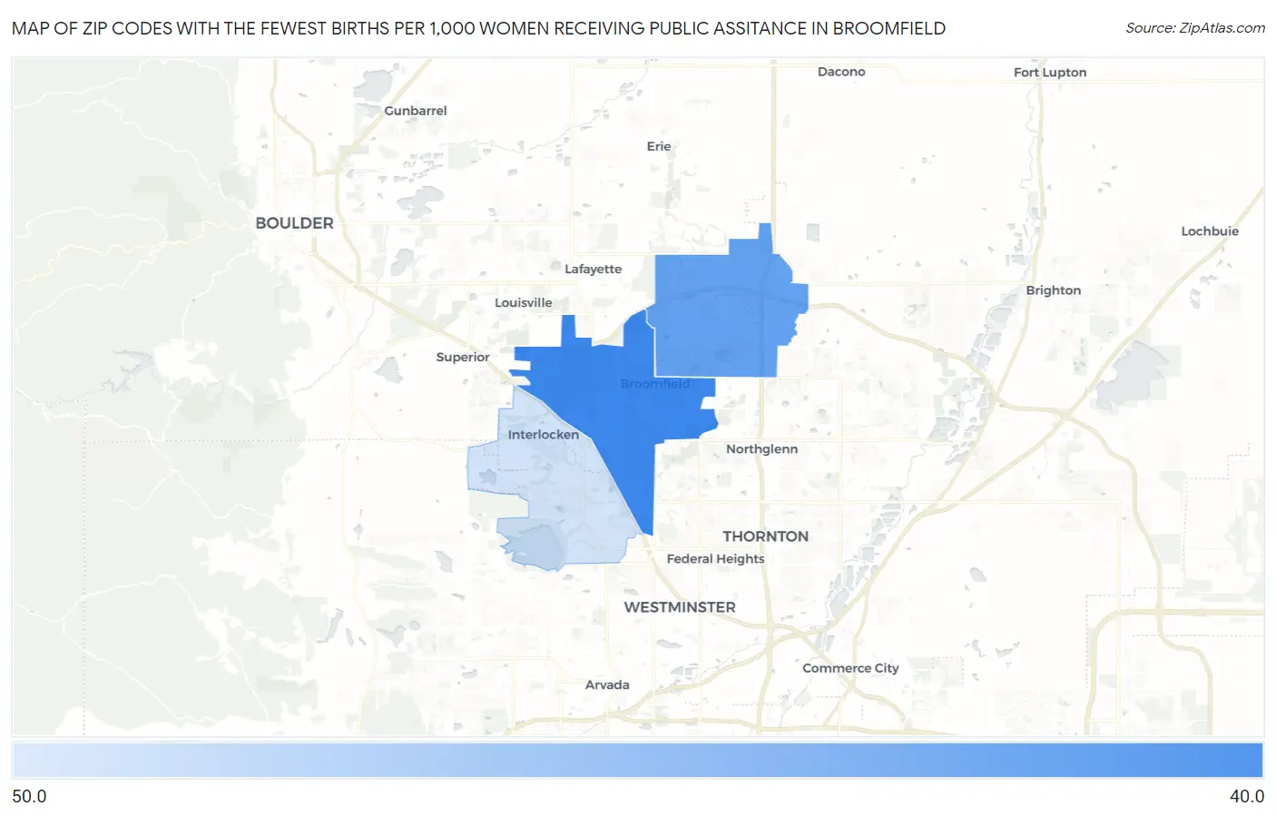 Zip Codes with the Fewest Births per 1,000 Women Receiving Public Assitance in Broomfield Map