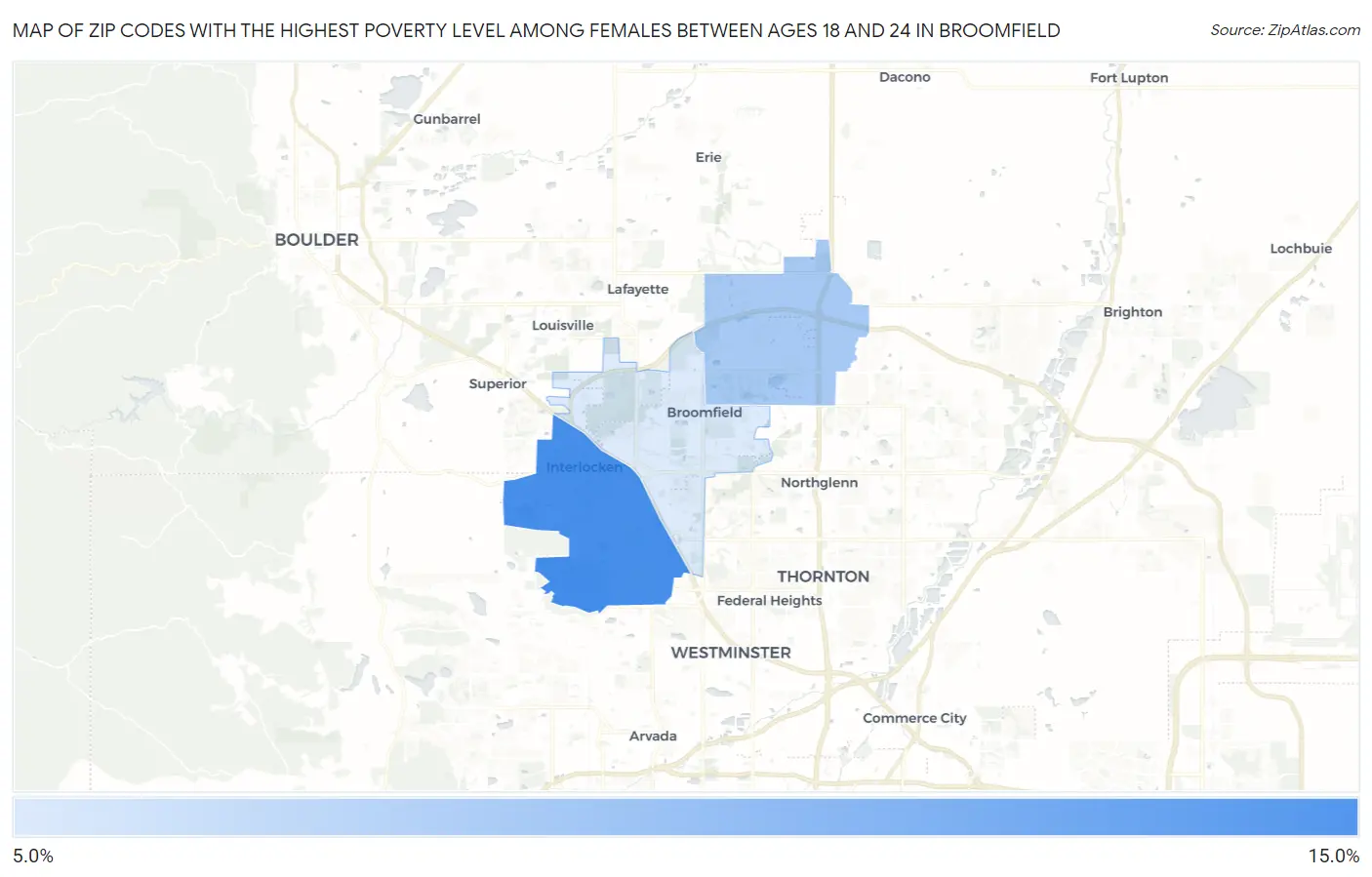 Zip Codes with the Highest Poverty Level Among Females Between Ages 18 and 24 in Broomfield Map