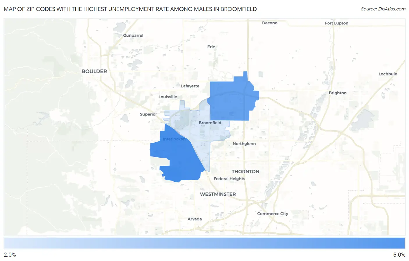 Zip Codes with the Highest Unemployment Rate Among Males in Broomfield Map