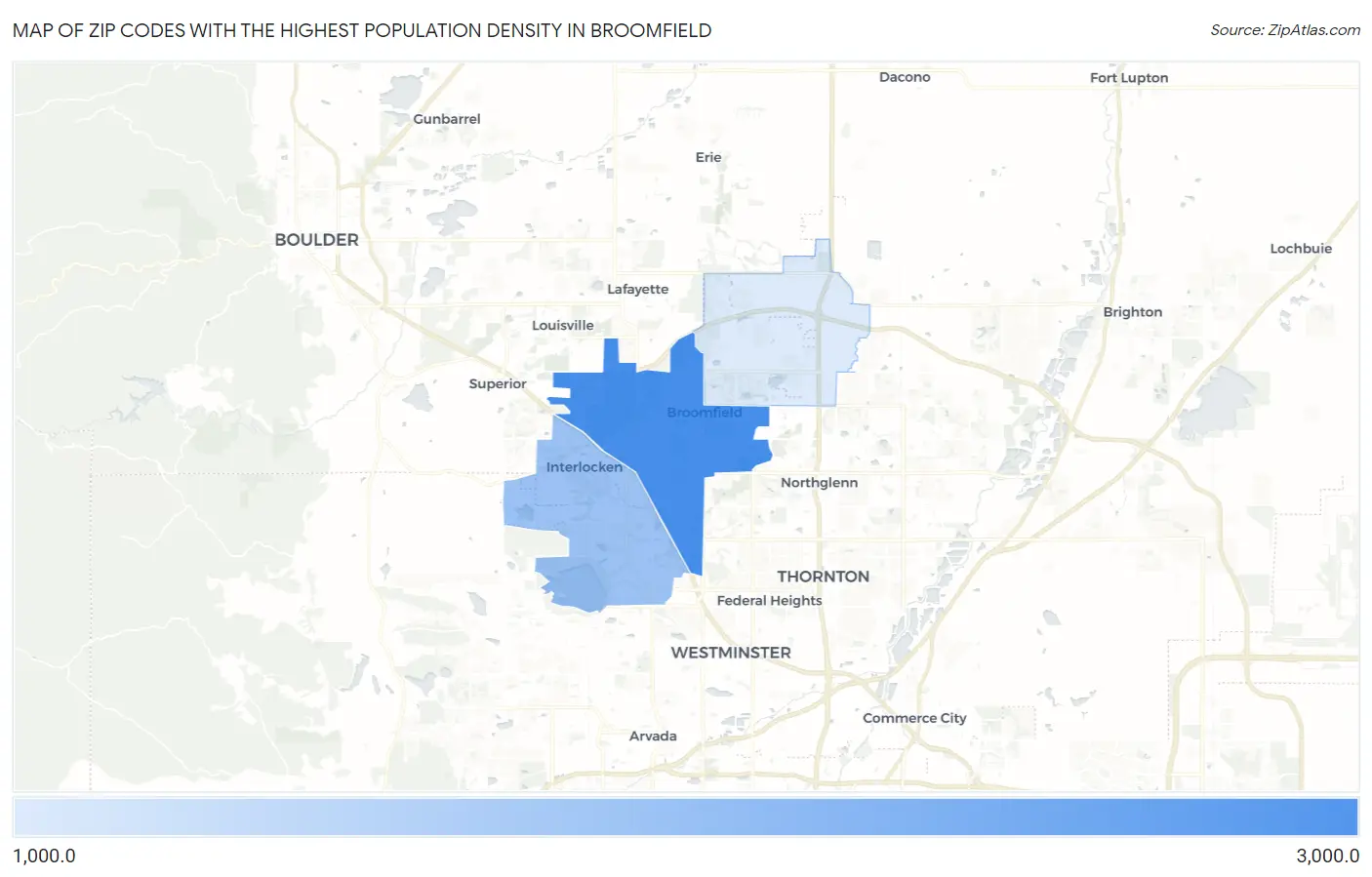 Zip Codes with the Highest Population Density in Broomfield Map