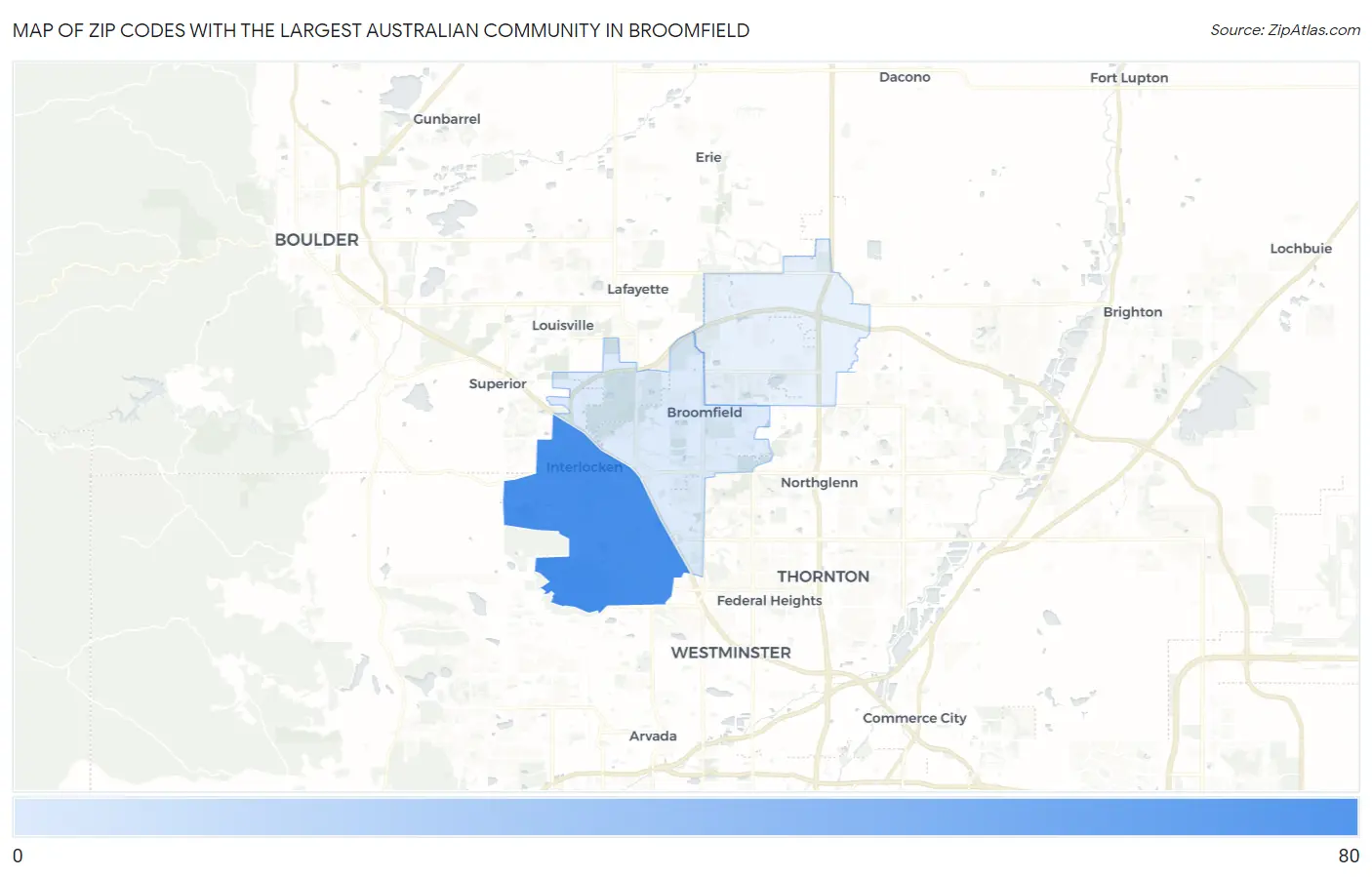 Zip Codes with the Largest Australian Community in Broomfield Map