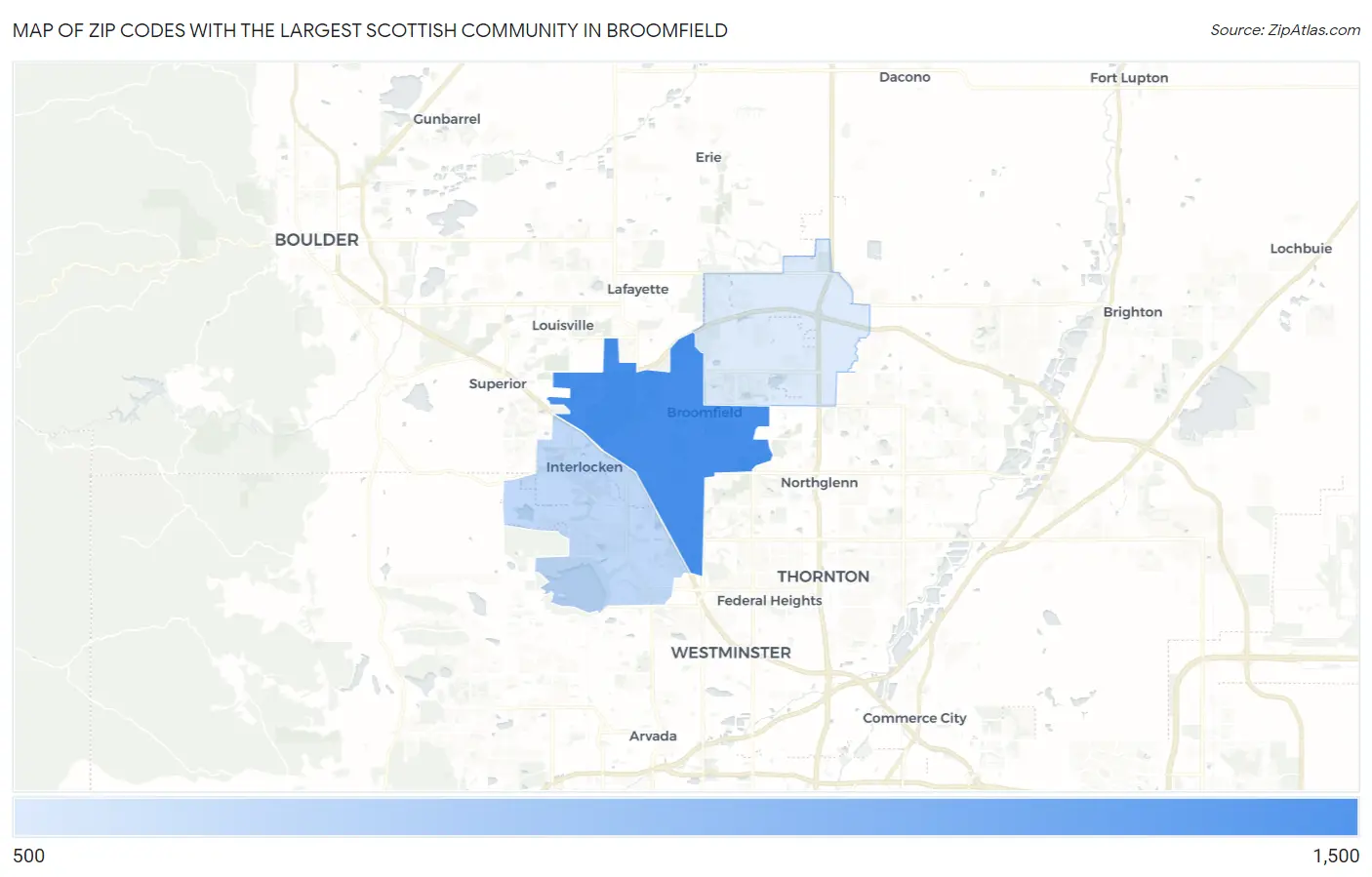 Zip Codes with the Largest Scottish Community in Broomfield Map