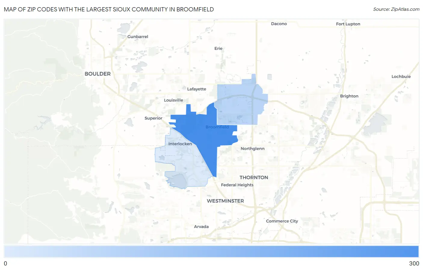 Zip Codes with the Largest Sioux Community in Broomfield Map