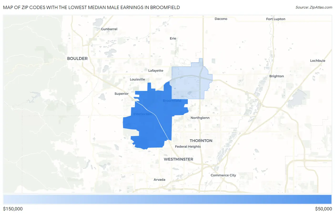 Zip Codes with the Lowest Median Male Earnings in Broomfield Map