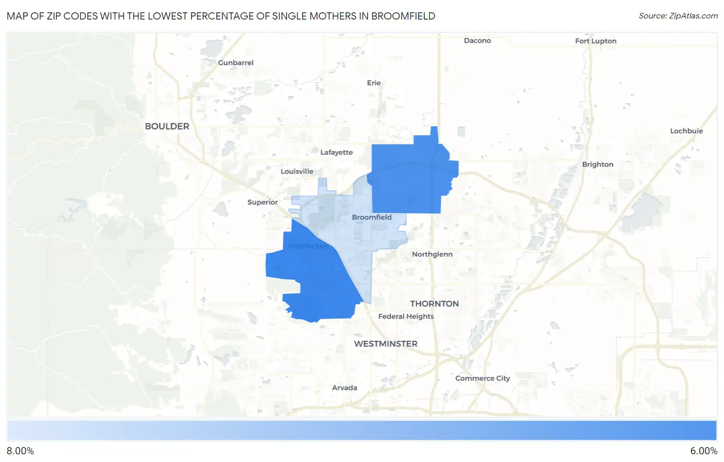 Zip Codes with the Lowest Percentage of Single Mothers in Broomfield Map