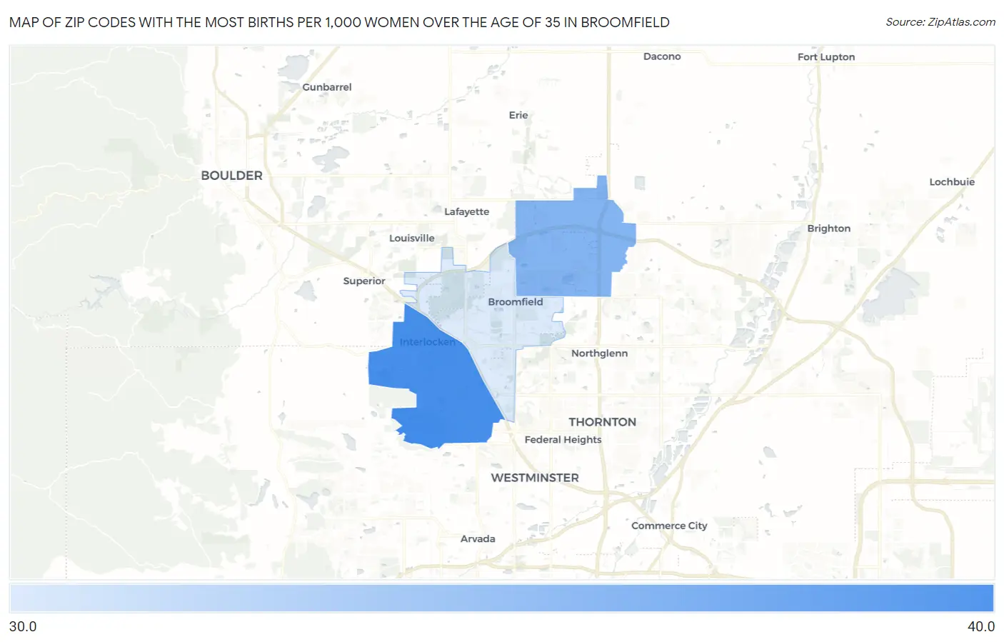 Zip Codes with the Most Births per 1,000 Women Over the Age of 35 in Broomfield Map