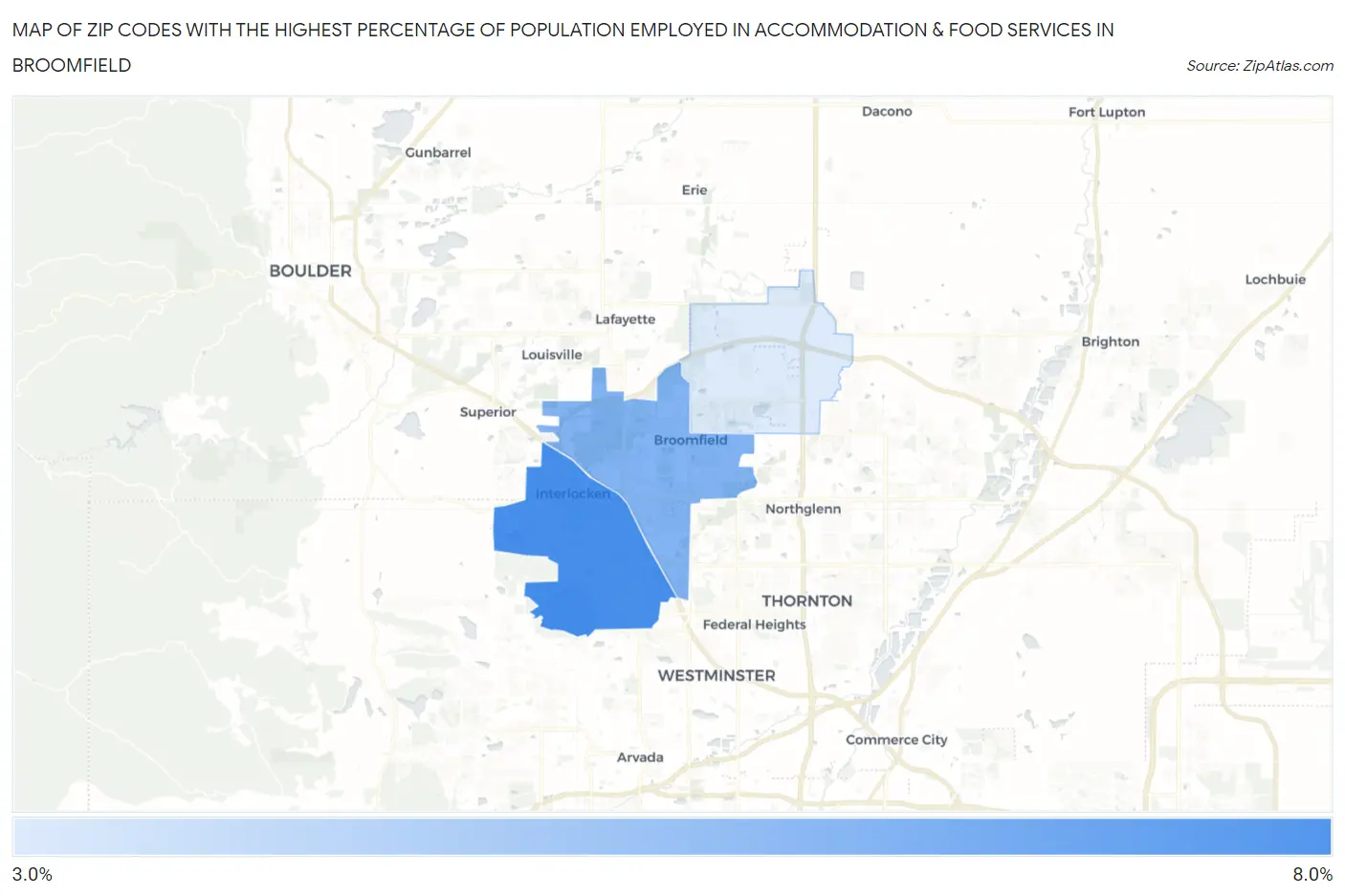 Zip Codes with the Highest Percentage of Population Employed in Accommodation & Food Services in Broomfield Map