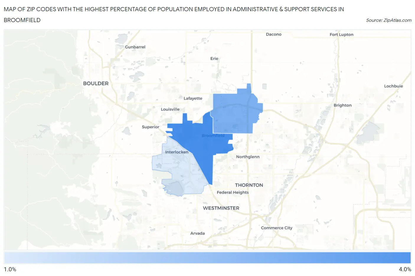 Zip Codes with the Highest Percentage of Population Employed in Administrative & Support Services in Broomfield Map