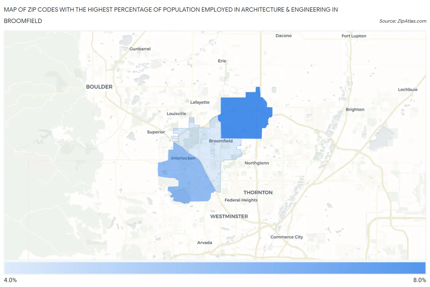 Zip Codes with the Highest Percentage of Population Employed in Architecture & Engineering in Broomfield Map