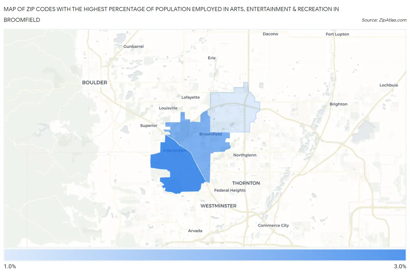 Zip Codes with the Highest Percentage of Population Employed in Arts, Entertainment & Recreation in Broomfield Map