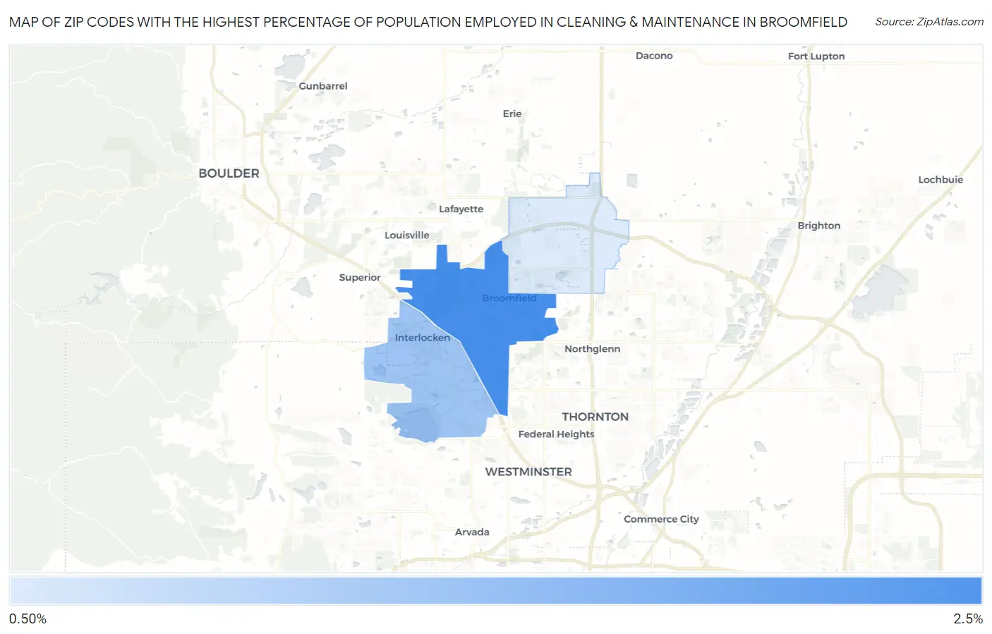 Zip Codes with the Highest Percentage of Population Employed in Cleaning & Maintenance in Broomfield Map