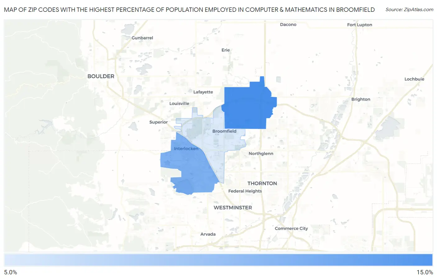 Zip Codes with the Highest Percentage of Population Employed in Computer & Mathematics in Broomfield Map