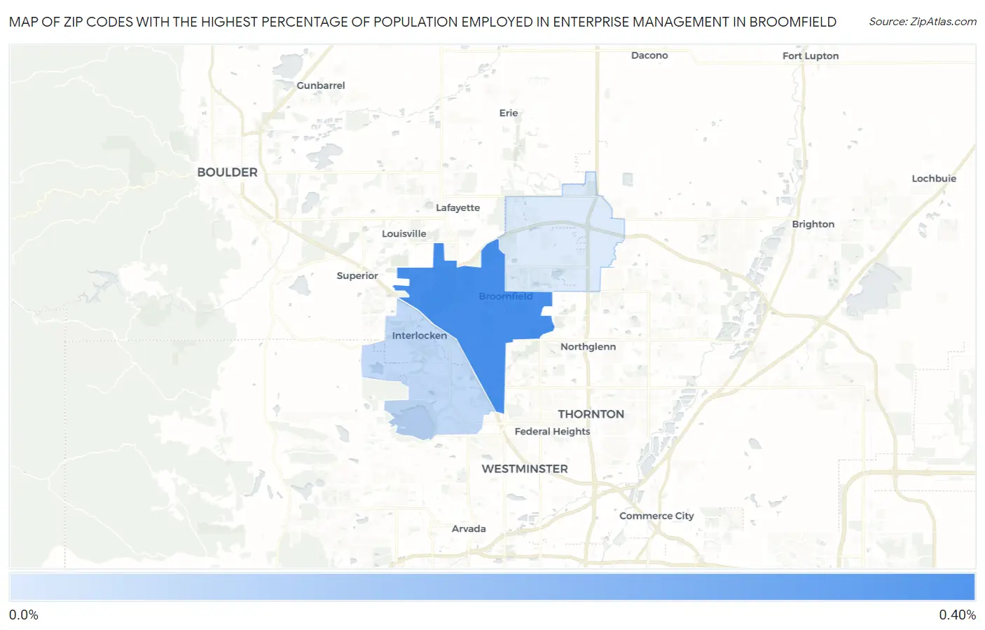 Zip Codes with the Highest Percentage of Population Employed in Enterprise Management in Broomfield Map