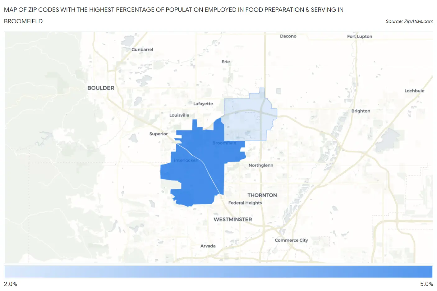 Zip Codes with the Highest Percentage of Population Employed in Food Preparation & Serving in Broomfield Map