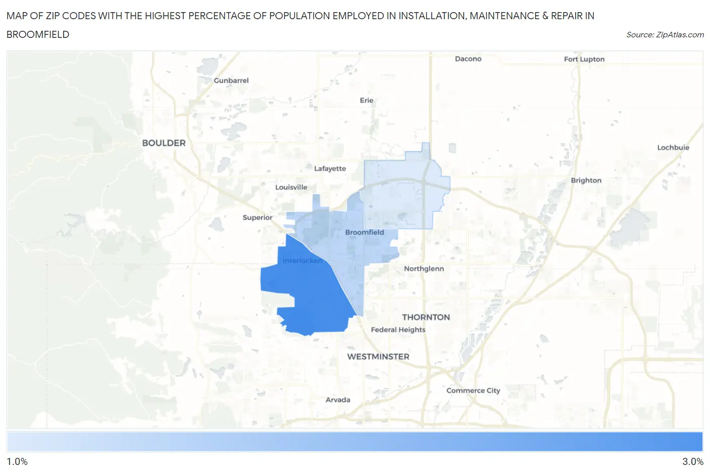 Zip Codes with the Highest Percentage of Population Employed in Installation, Maintenance & Repair in Broomfield Map