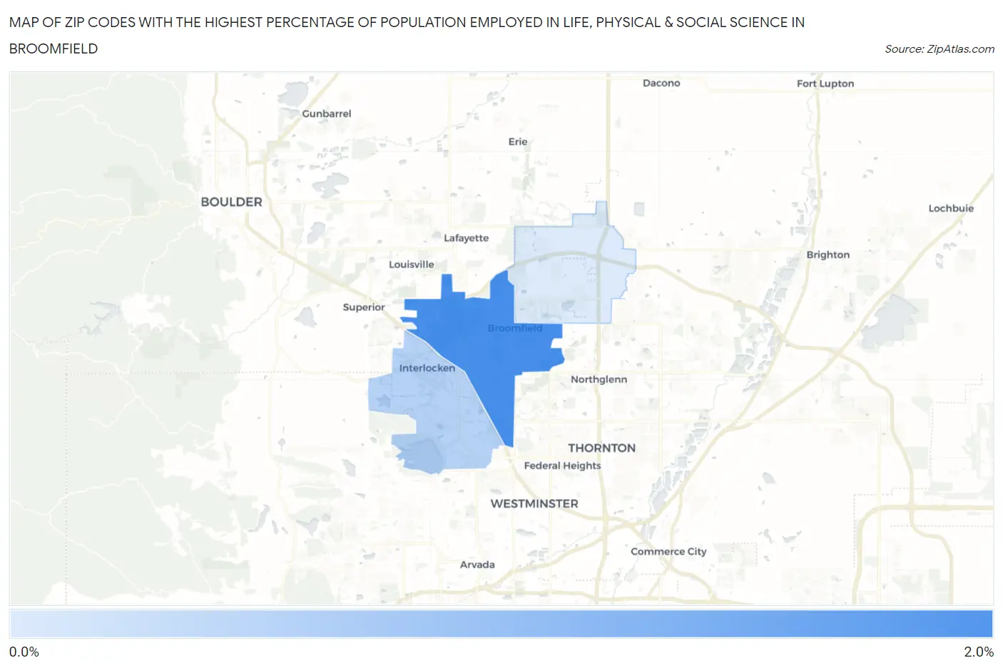 Zip Codes with the Highest Percentage of Population Employed in Life, Physical & Social Science in Broomfield Map