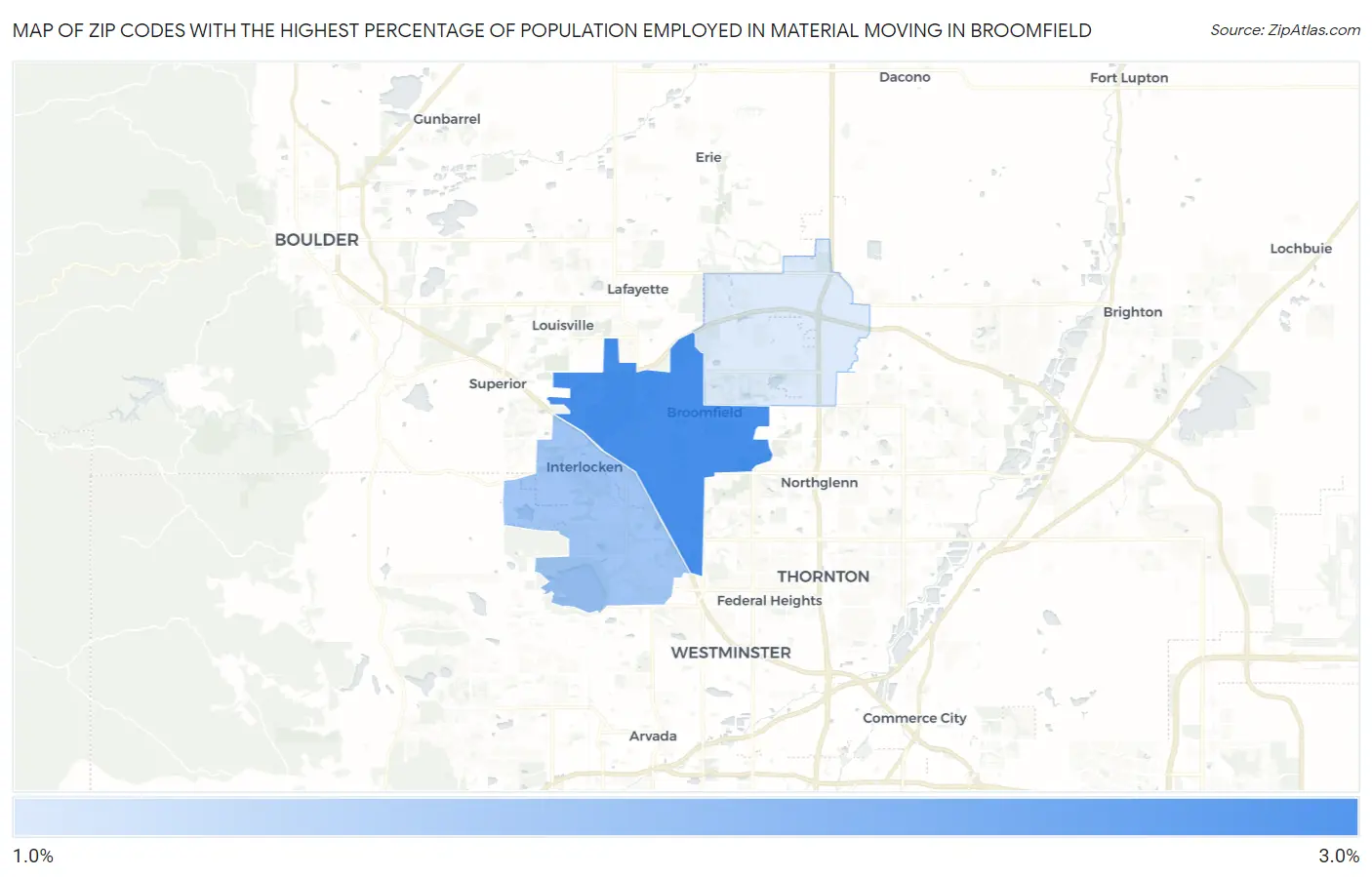 Zip Codes with the Highest Percentage of Population Employed in Material Moving in Broomfield Map