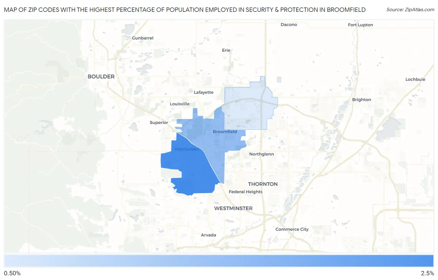 Zip Codes with the Highest Percentage of Population Employed in Security & Protection in Broomfield Map