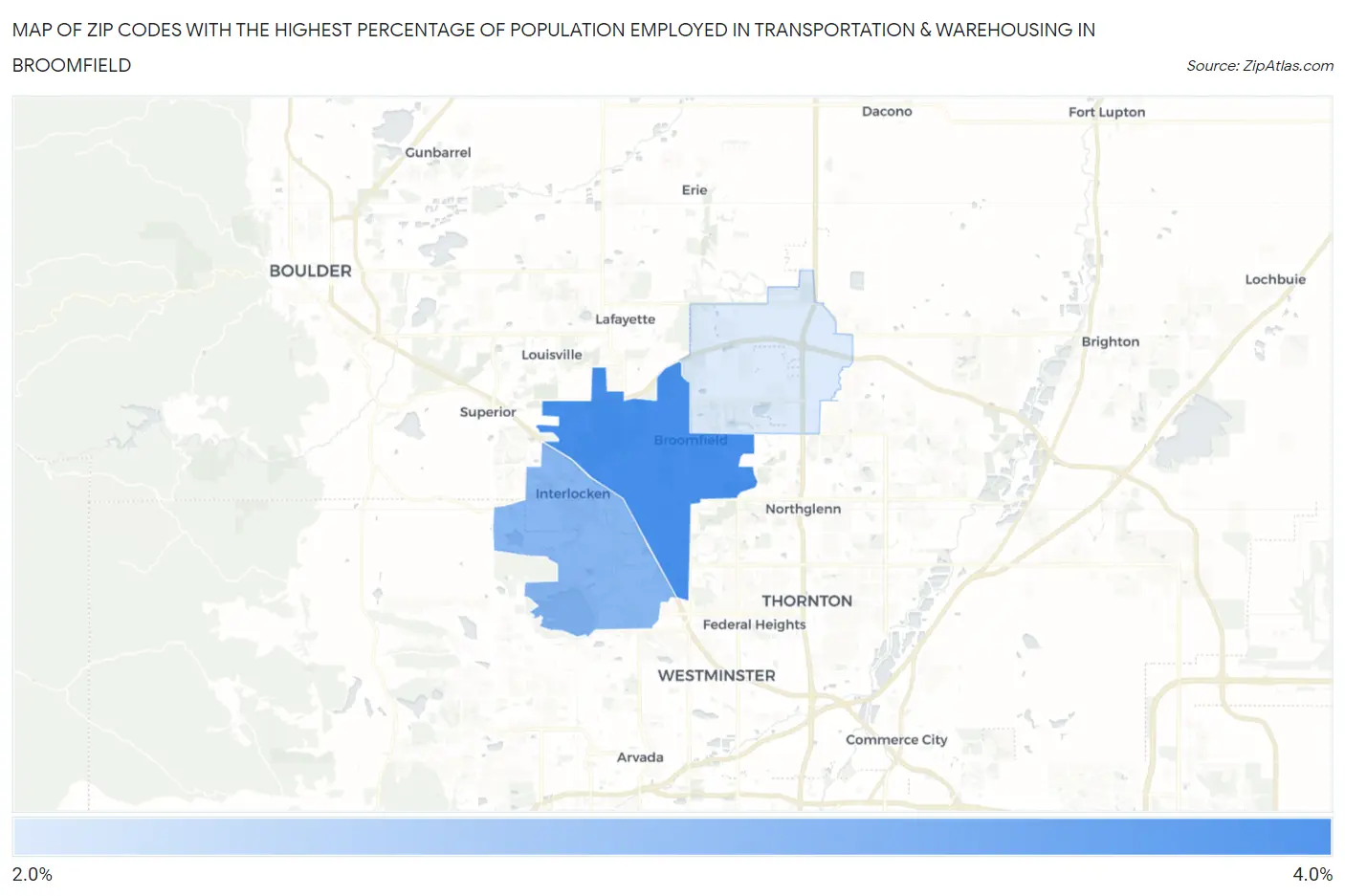 Zip Codes with the Highest Percentage of Population Employed in Transportation & Warehousing in Broomfield Map