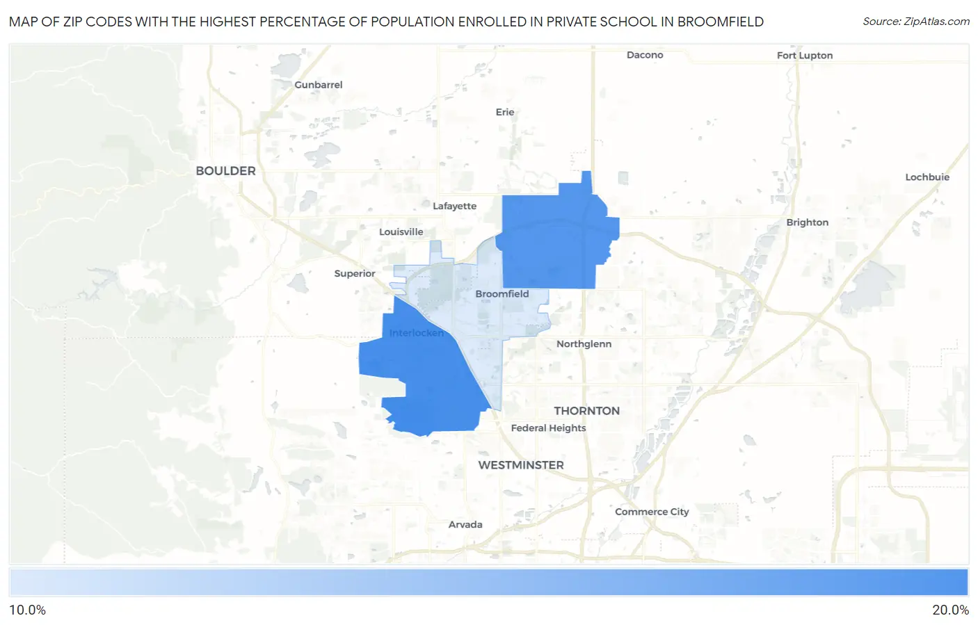Zip Codes with the Highest Percentage of Population Enrolled in Private School in Broomfield Map