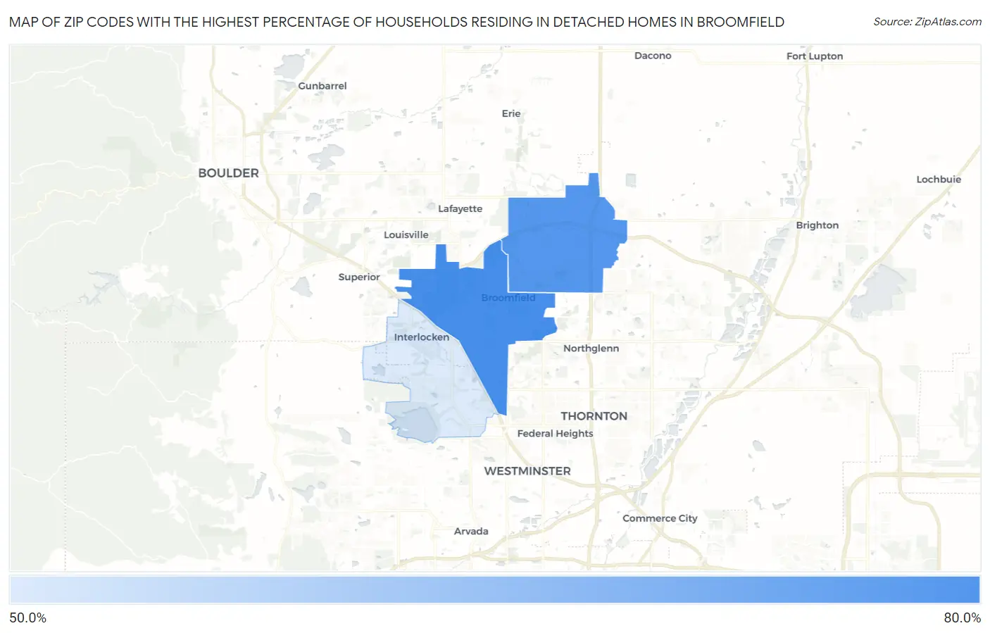 Zip Codes with the Highest Percentage of Households Residing in Detached Homes in Broomfield Map