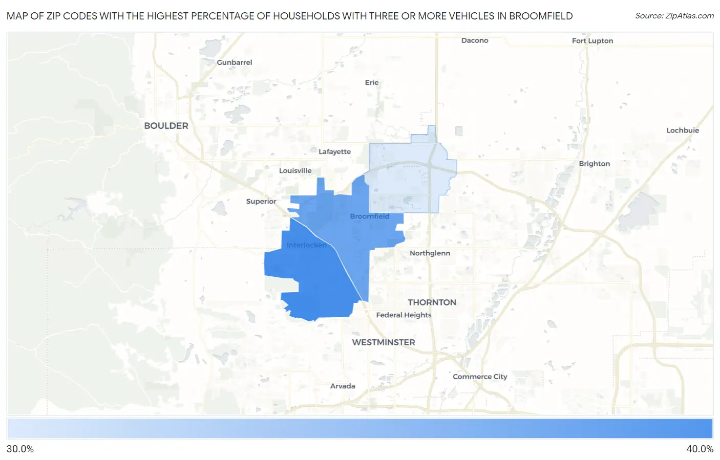 Zip Codes with the Highest Percentage of Households With Three or more Vehicles in Broomfield Map