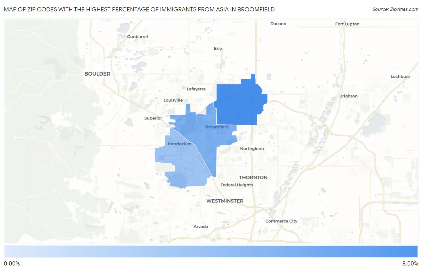 Zip Codes with the Highest Percentage of Immigrants from Asia in Broomfield Map