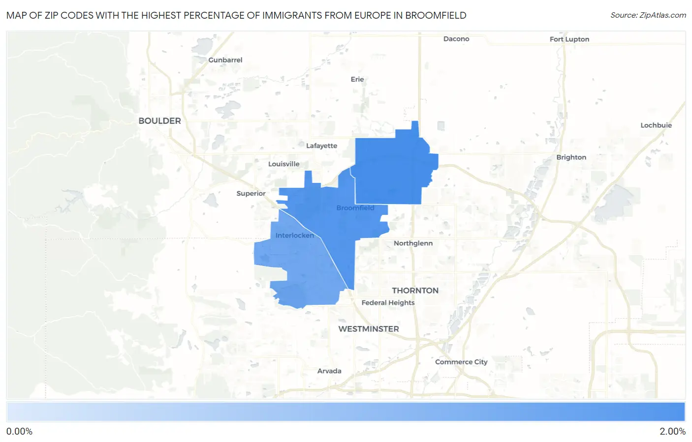 Zip Codes with the Highest Percentage of Immigrants from Europe in Broomfield Map