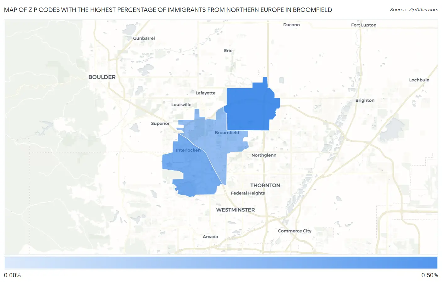 Zip Codes with the Highest Percentage of Immigrants from Northern Europe in Broomfield Map