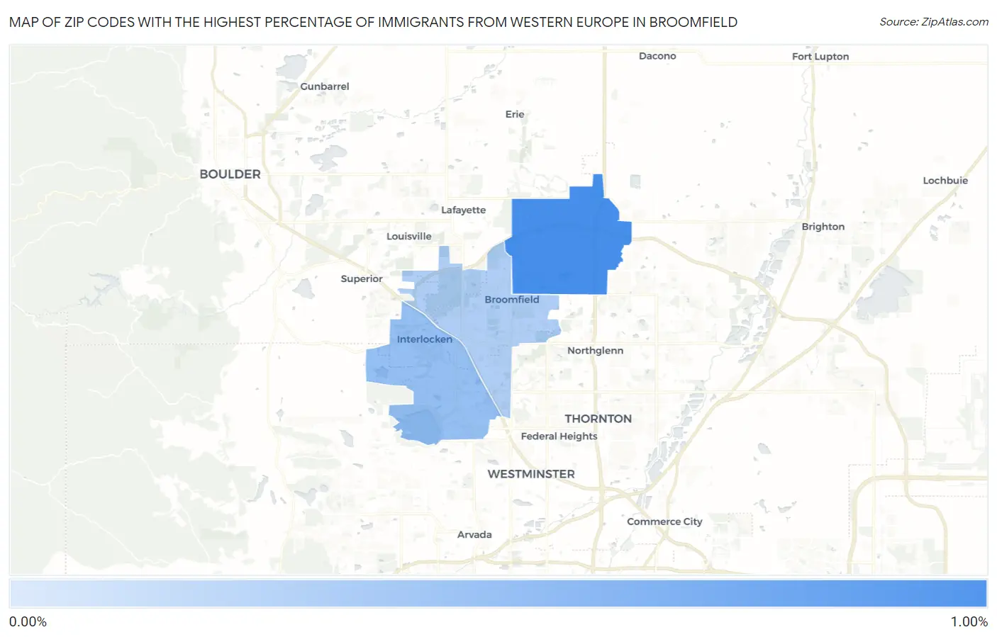 Zip Codes with the Highest Percentage of Immigrants from Western Europe in Broomfield Map