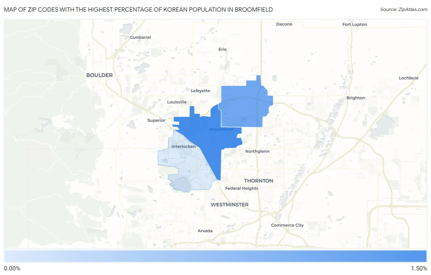 Zip Codes with the Highest Percentage of Korean Population in Broomfield Map