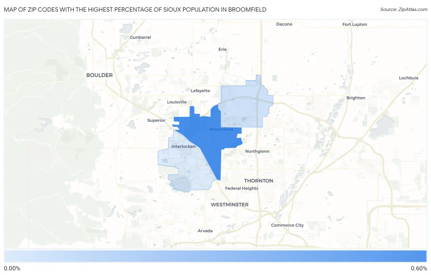 Zip Codes with the Highest Percentage of Sioux Population in Broomfield Map