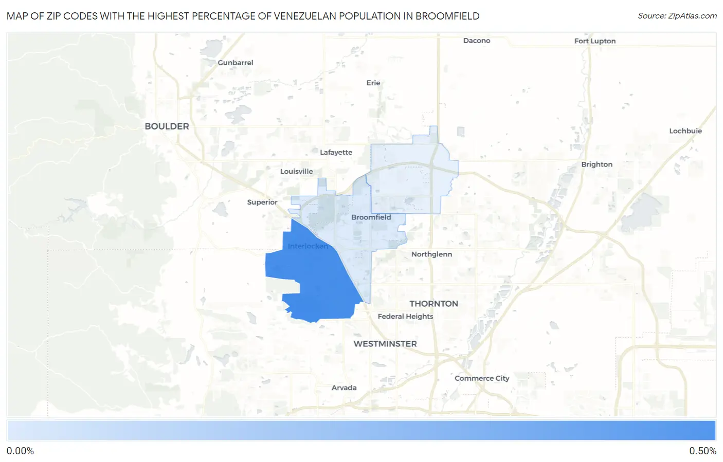 Zip Codes with the Highest Percentage of Venezuelan Population in Broomfield Map