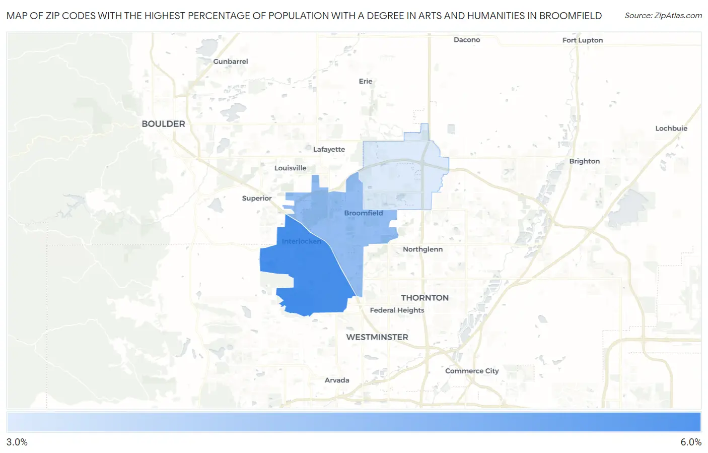 Zip Codes with the Highest Percentage of Population with a Degree in Arts and Humanities in Broomfield Map