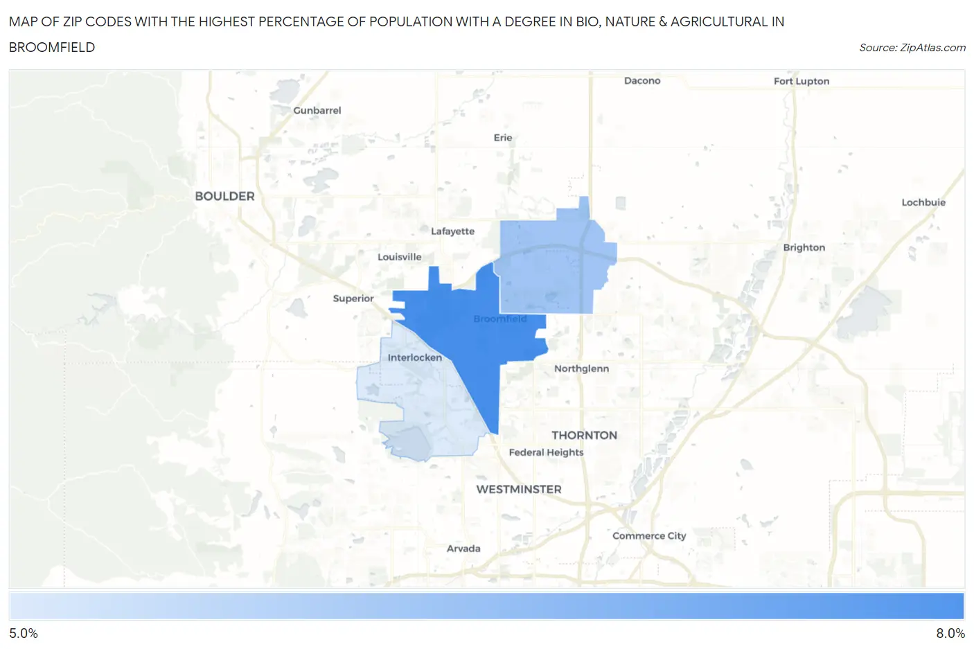 Zip Codes with the Highest Percentage of Population with a Degree in Bio, Nature & Agricultural in Broomfield Map
