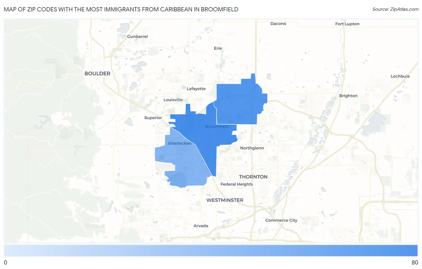Zip Codes with the Most Immigrants from Caribbean in Broomfield Map