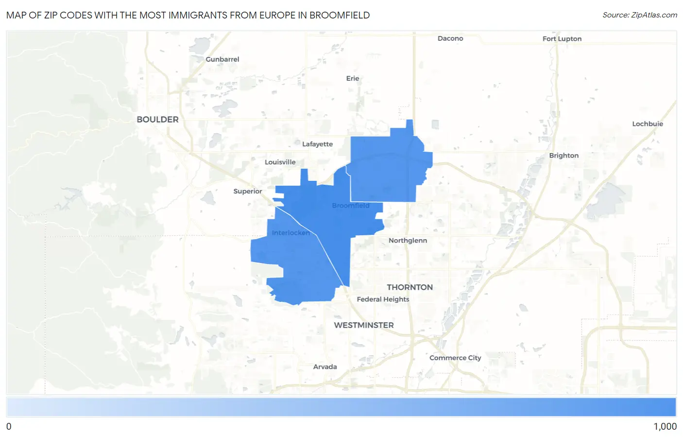 Zip Codes with the Most Immigrants from Europe in Broomfield Map
