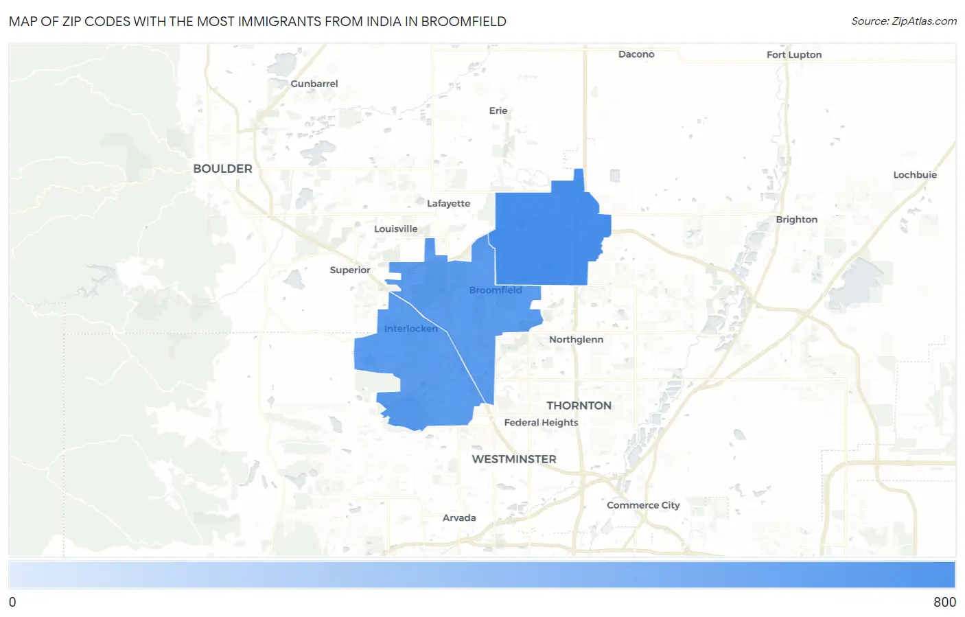 Zip Codes with the Most Immigrants from India in Broomfield Map
