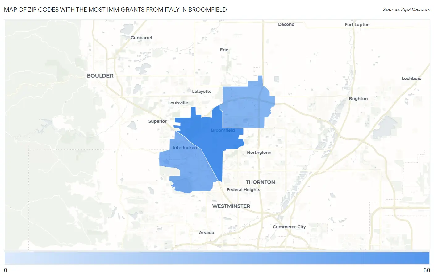 Zip Codes with the Most Immigrants from Italy in Broomfield Map