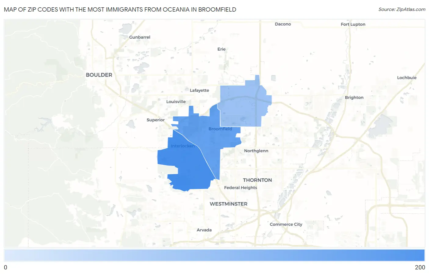 Zip Codes with the Most Immigrants from Oceania in Broomfield Map