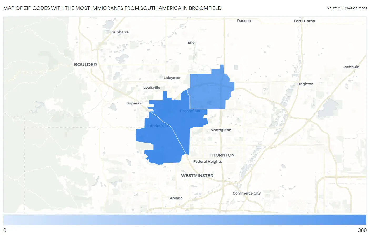 Zip Codes with the Most Immigrants from South America in Broomfield Map