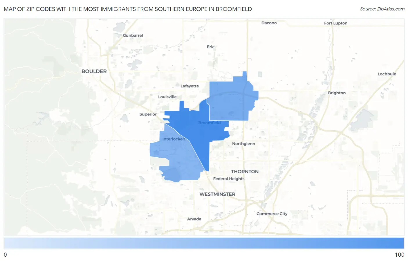 Zip Codes with the Most Immigrants from Southern Europe in Broomfield Map