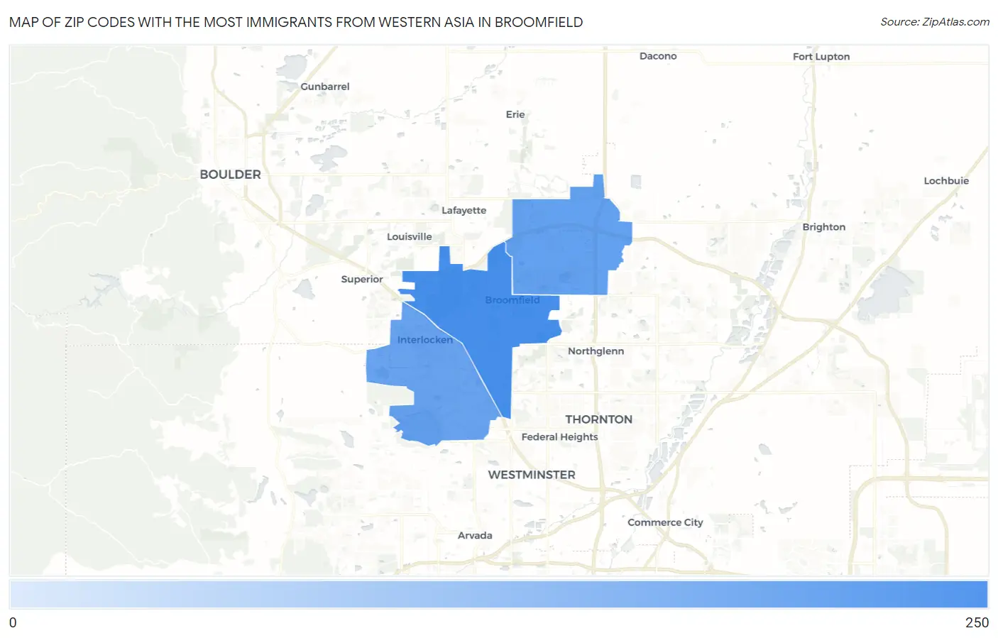 Zip Codes with the Most Immigrants from Western Asia in Broomfield Map