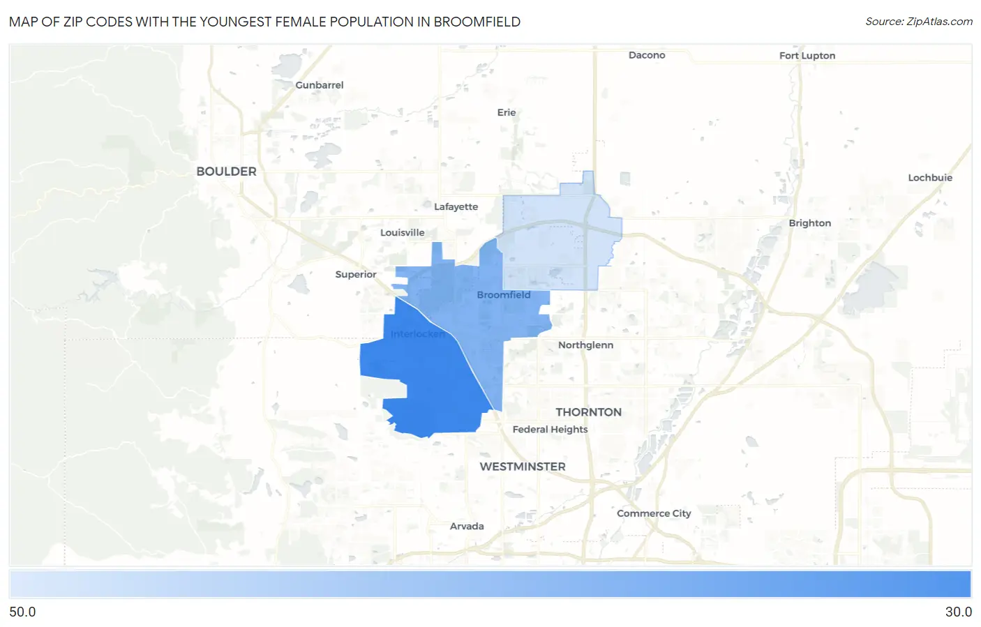 Zip Codes with the Youngest Female Population in Broomfield Map