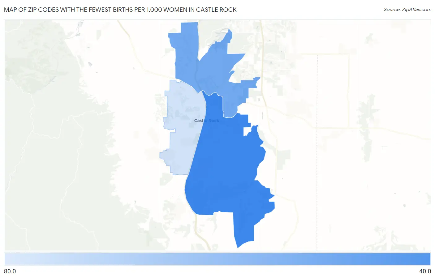 Zip Codes with the Fewest Births per 1,000 Women in Castle Rock Map