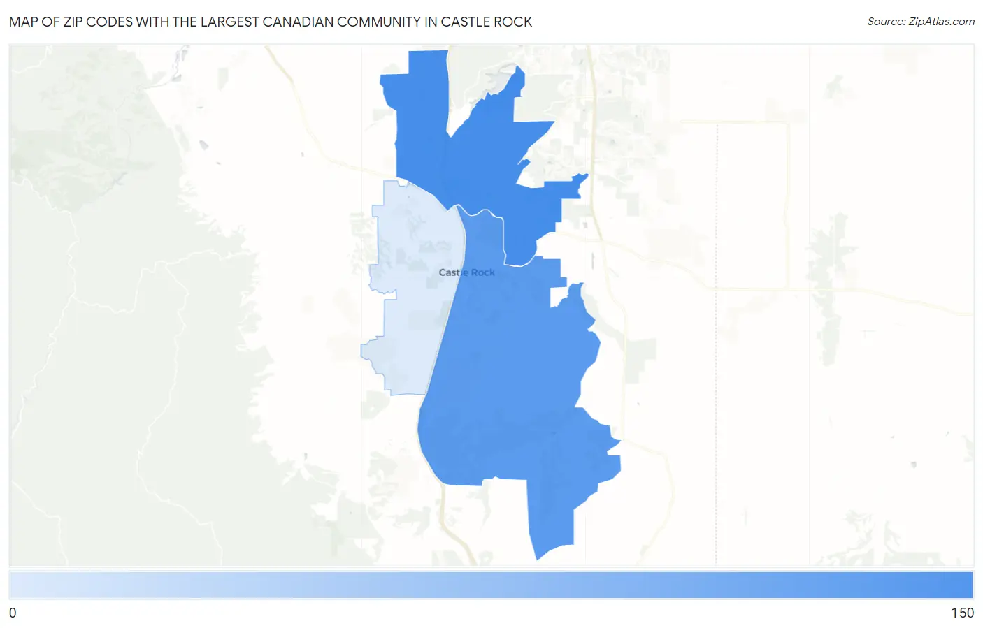 Zip Codes with the Largest Canadian Community in Castle Rock Map