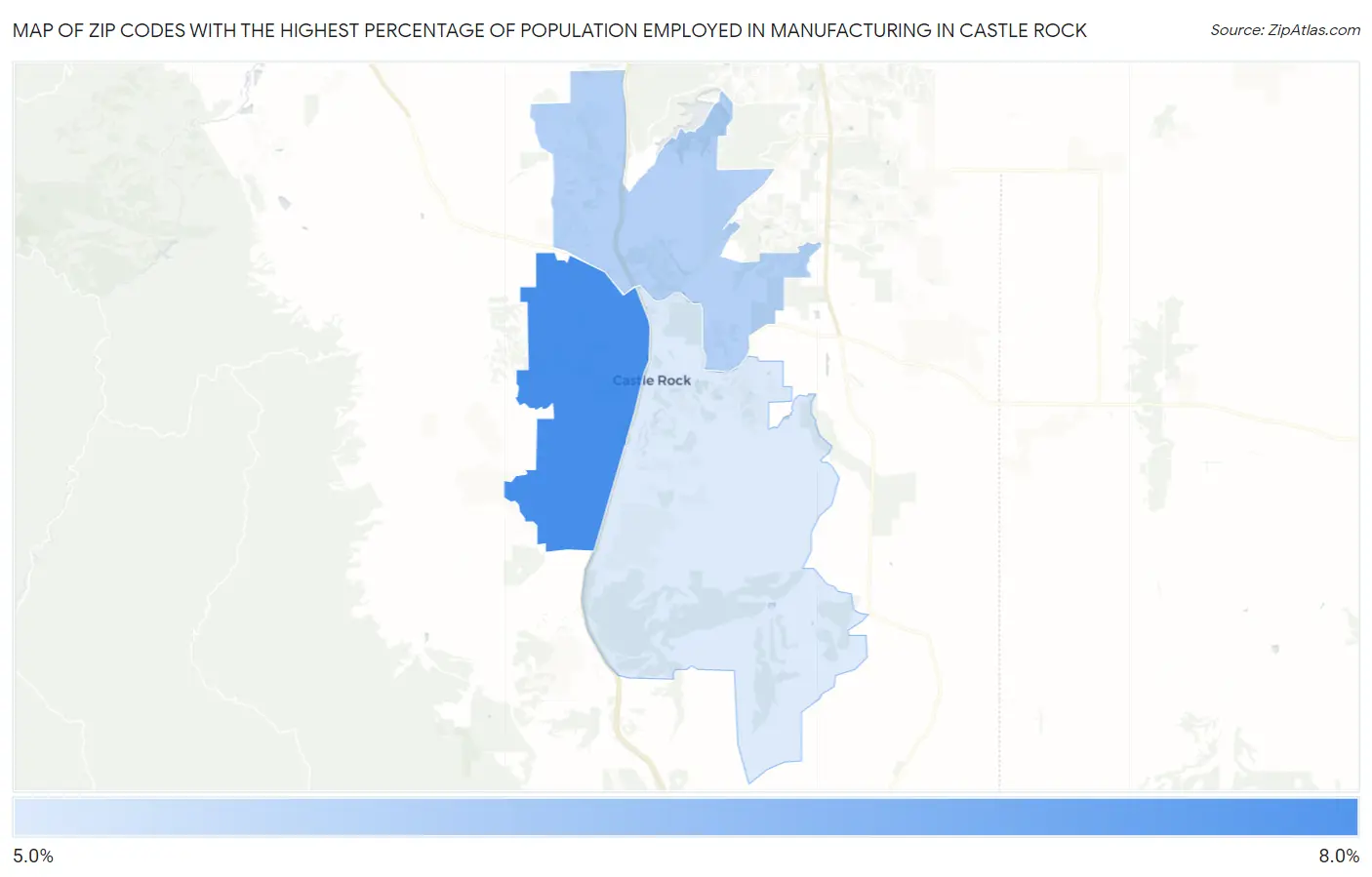 Zip Codes with the Highest Percentage of Population Employed in Manufacturing in Castle Rock Map