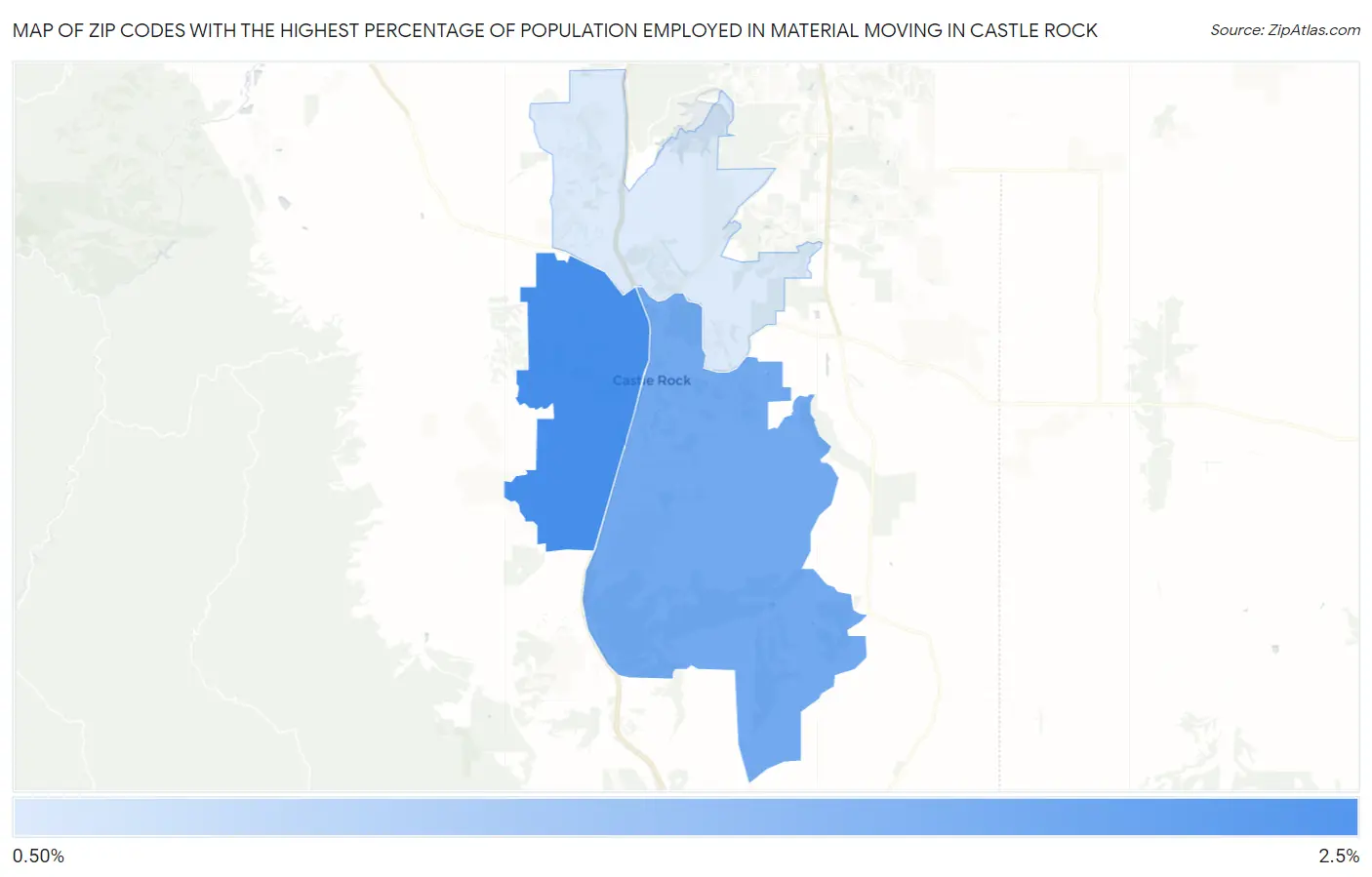 Zip Codes with the Highest Percentage of Population Employed in Material Moving in Castle Rock Map