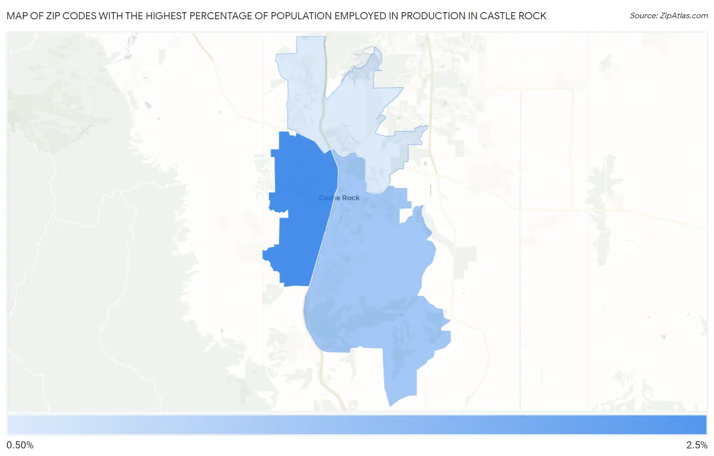 Zip Codes with the Highest Percentage of Population Employed in Production in Castle Rock Map