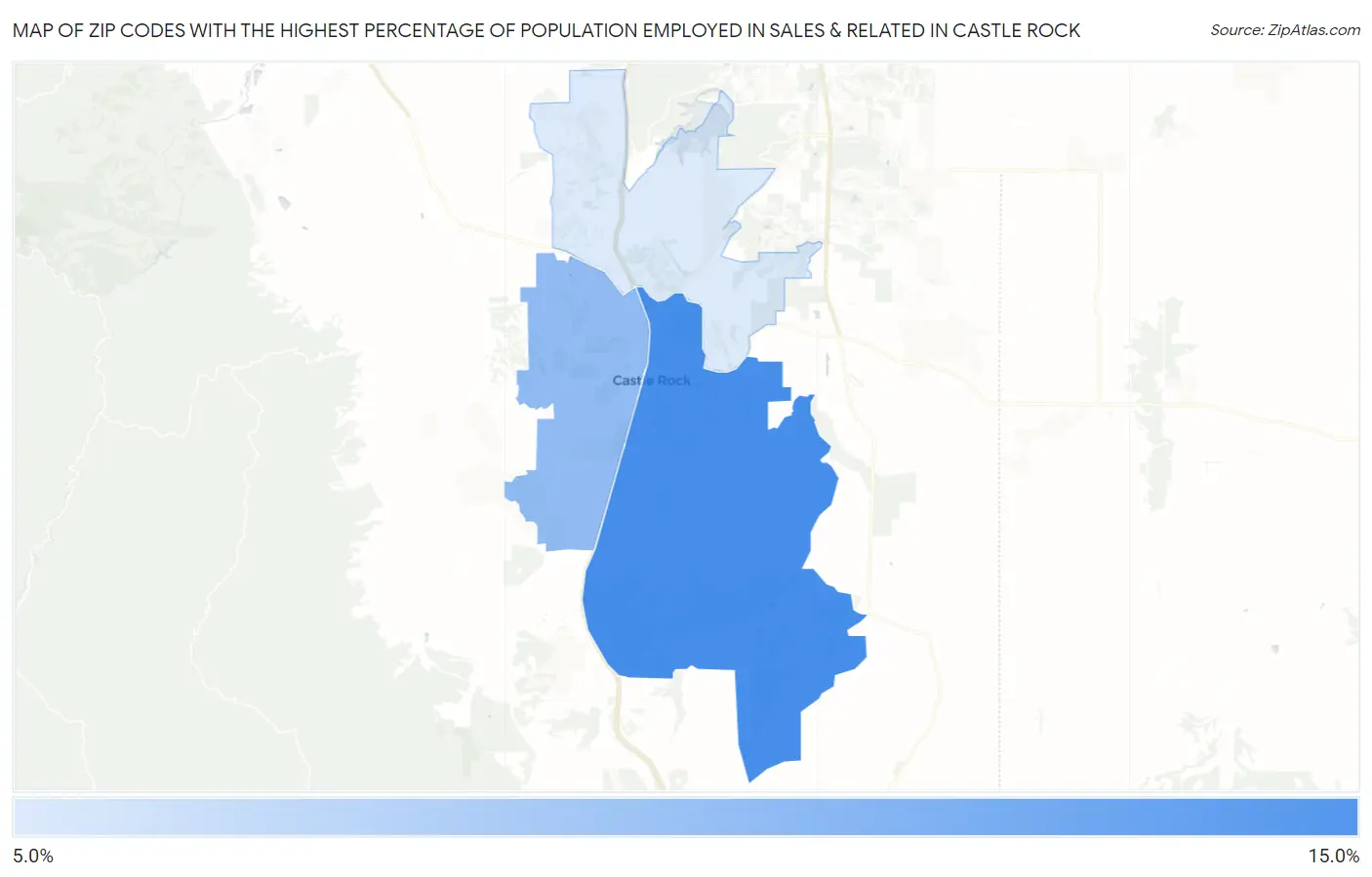 Zip Codes with the Highest Percentage of Population Employed in Sales & Related in Castle Rock Map